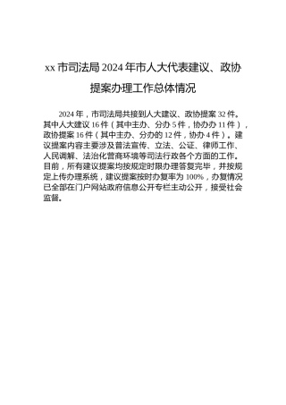 xx市司法局2024年市人大代表建议、政协提案办理工作总体情况
