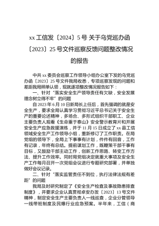 xx工信发〔2024〕5号关于乌党巡办函〔2023〕25号文件巡察反馈问题整改情况的报告