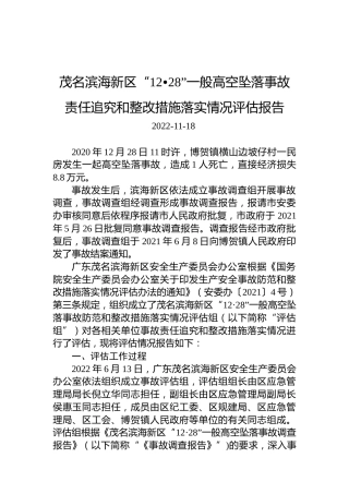 茂名滨海新区“12•28”一般高空坠落事故责任追究和整改措施落实情况评估报告