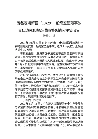 茂名滨海新区“10•29”一般高空坠落事故责任追究和整改措施落实情况评估报告