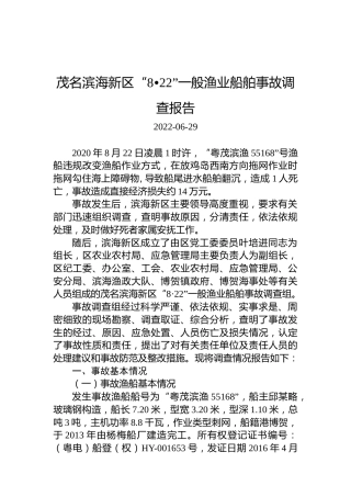 茂名滨海新区“8•22”一般渔业船舶事故调查报告