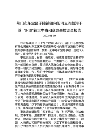 荆门市东宝区子陵铺镇向阳河支流截污干管“8·18”较大中毒和窒息事故调查报告