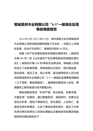 2021郓城圣邦木业有限公司“6·5”一般高处坠落事故调查报告