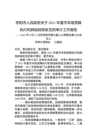 枣阳市人民政府关于2021年度市本级预算执行和其他财政收支的审计工作报告