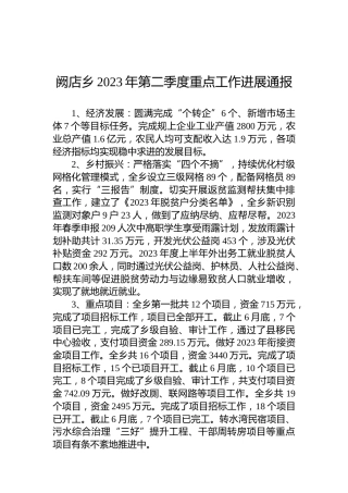 阙店乡2023年第二季度重点工作进展通报