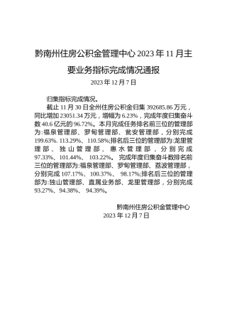 黔南州住房公积金管理中心2023年11月主要业务指标完成情况通报