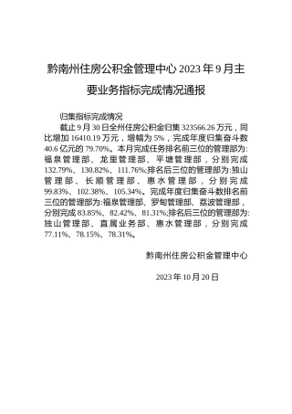黔南州住房公积金管理中心2023年9月主要业务指标完成情况通报