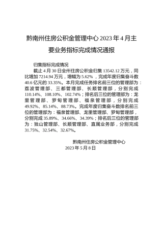黔南州住房公积金管理中心2023年4月主要业务指标完成情况通报