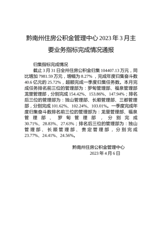 黔南州住房公积金管理中心2023年3月主要业务指标完成情况通报