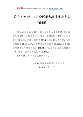 关于2024年1-5月全区重大项目推进情况的通报