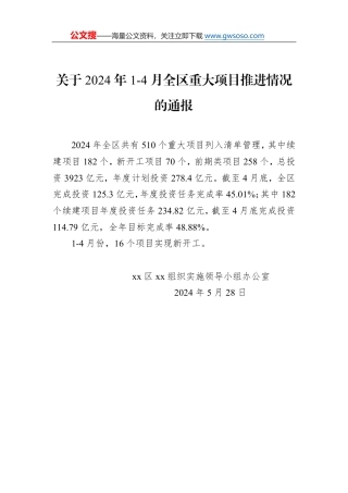 关于2024年1-4月全区重大项目推进情况的通报