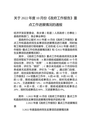关于2022年度10月份《政府工作报告》重点工作进展情况的通报