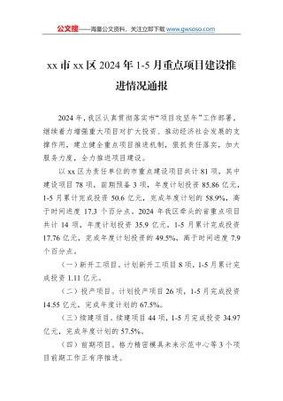 xx市xx区2024年1-5月重点项目建设推进情况通报