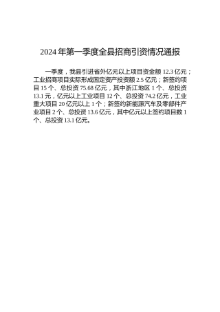 2024年第一季度全县招商引资情况通报