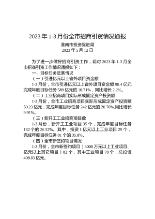 2023年1-3月份全市招商引资情况通报