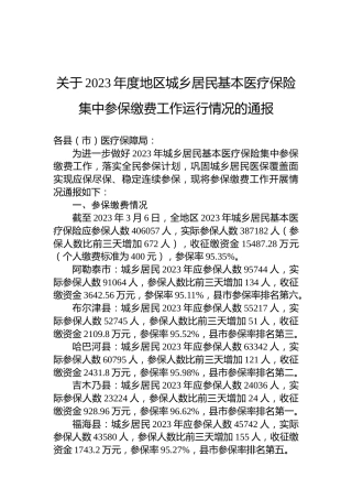 关于2023年度地区城乡居民基本医疗保险集中参保缴费工作运行情况的通报