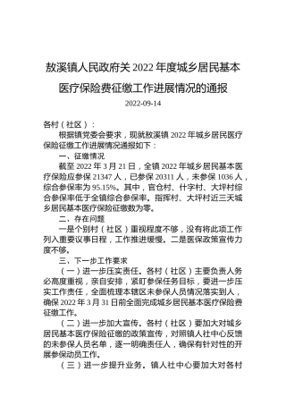 敖溪镇人民政府关2022年度城乡居民基本医疗保险费征缴工作进展情况的通报