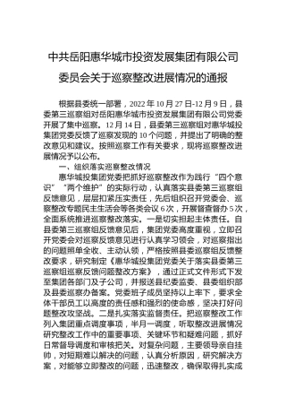 中共岳阳惠华城市投资发展集团有限公司委员会关于巡察整改进展情况的通报