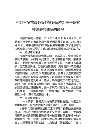 中共玉溪市政务服务管理局党组关于巡察整改进展情况的通报