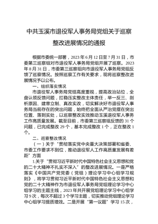 中共玉溪市退役军人事务局党组关于巡察整改进展情况的通报