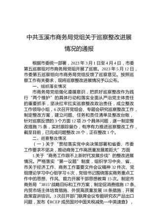 中共玉溪市商务局党组关于巡察整改进展情况的通报