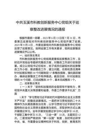 中共玉溪市科教创新服务中心党组关于巡察整改进展情况的通报