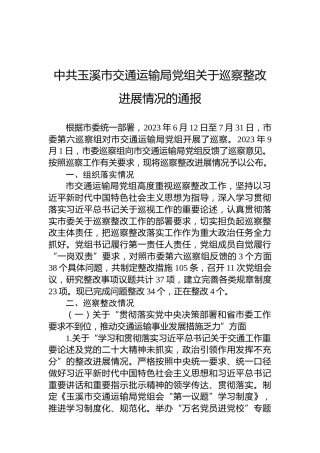 中共玉溪市交通运输局党组关于巡察整改进展情况的通报