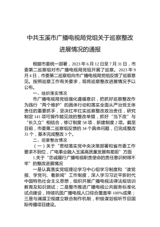 中共玉溪市广播电视局党组关于巡察整改进展情况的通报