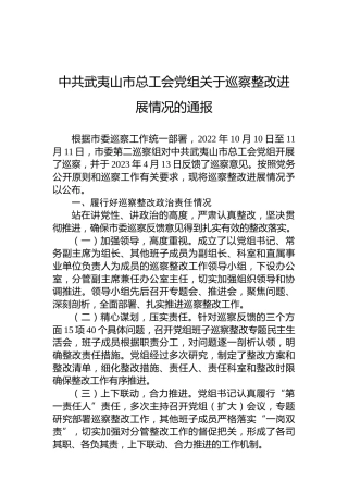 中共武夷山市总工会党组关于巡察整改进展情况的通报