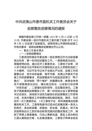 中共武夷山市委市直机关工作委员会关于巡察整改进展情况的通报