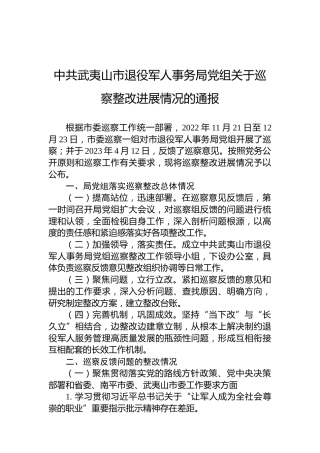 中共武夷山市退役军人事务局党组关于巡察整改进展情况的通报