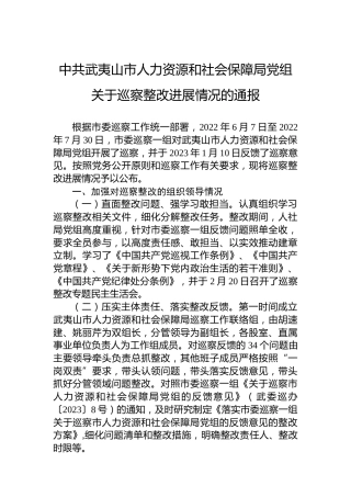 中共武夷山市人力资源和社会保障局党组关于巡察整改进展情况的通报