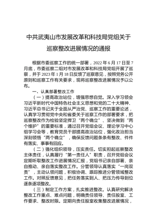 中共武夷山市发展改革和科技局党组关于巡察整改进展情况的通报