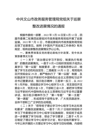 中共文山市政务服务管理局党组关于巡察整改进展情况的通报