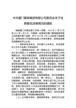 中共厦门夏商集团有限公司委员会关于巡察整改进展情况的通报