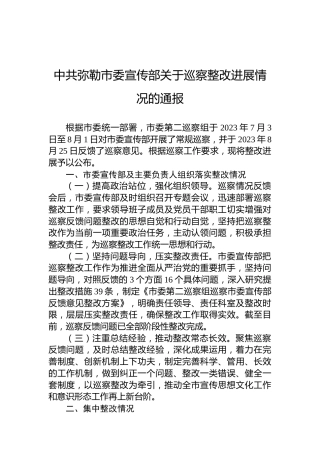 中共弥勒市委宣传部关于巡察整改进展情况的通报