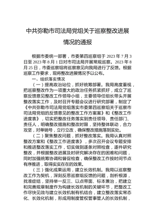 中共弥勒市司法局党组关于巡察整改进展情况的通报