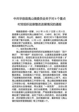 中共华容县禹山镇委员会关于对8个重点村党组织巡察整改进展情况的通报