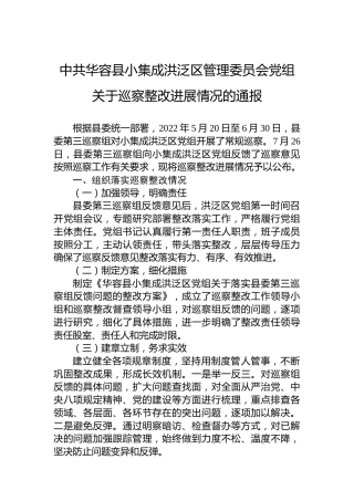 中共华容县小集成洪泛区管理委员会党组关于巡察整改进展情况的通报