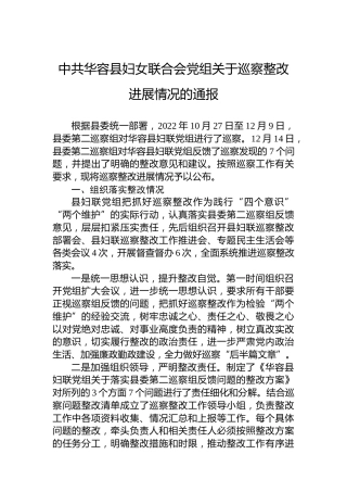 中共华容县妇女联合会党组关于巡察整改进展情况的通报