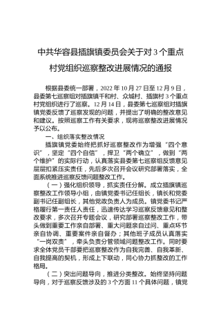 中共华容县插旗镇委员会关于对3个重点村党组织巡察整改进展情况的通报