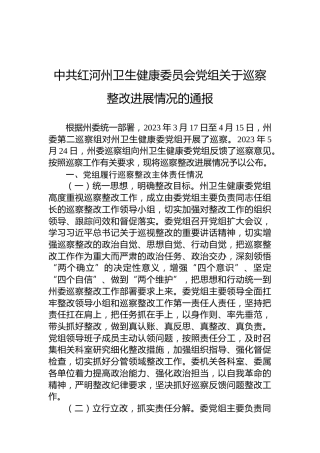 中共红河州卫生健康委员会党组关于巡察整改进展情况的通报