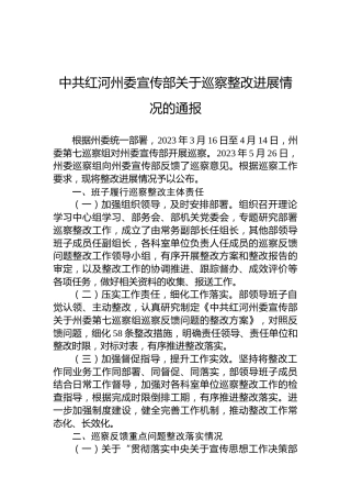 中共红河州委宣传部关于巡察整改进展情况的通报