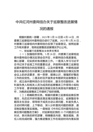 中共红河州委网信办关于巡察整改进展情况的通报