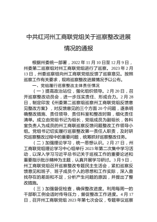 中共红河州工商联党组关于巡察整改进展情况的通报
