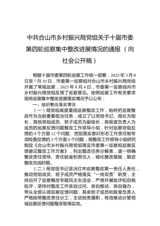 中共合山市乡村振兴局党组关于十届市委第四轮巡察集中整改进展情况的通报（向社会公开稿）
