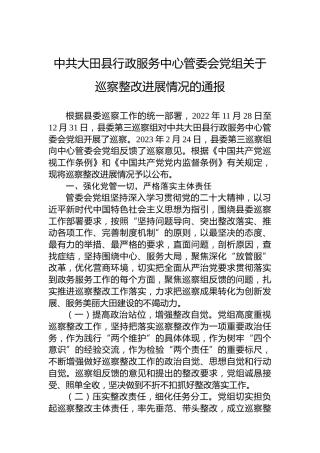 中共大田县行政服务中心管委会党组关于巡察整改进展情况的通报