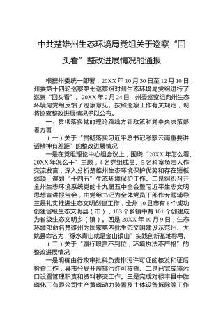 中共楚雄州生态环境局党组关于巡察“回头看”整改进展情况的通报