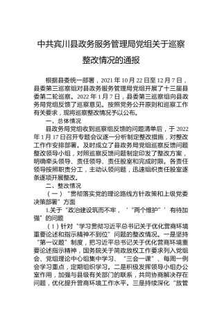 中共宾川县政务服务管理局党组关于巡察整改情况的通报