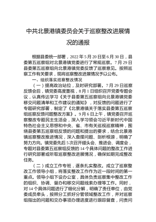 中共北景港镇委员会关于巡察整改进展情况的通报